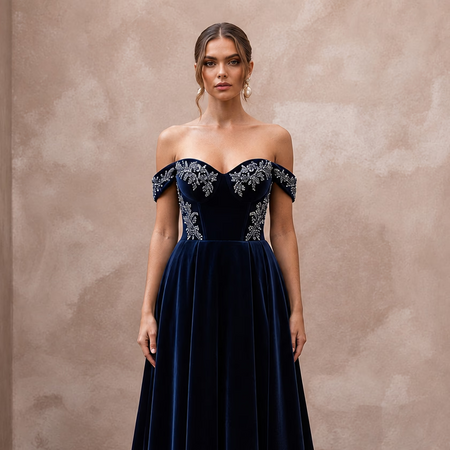 Midnight Blue Velvet A - Line Dress for Bridal Shower Evening - Apparel & Accessories > Clothing > Wedding & Bridal Party Dresses > Wedding Dresses - Mignonette Bridal