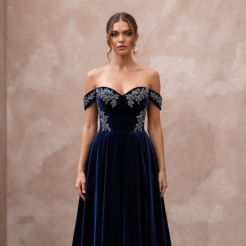 Midnight Blue Velvet A-Line Dress for Bridal Shower Evening
