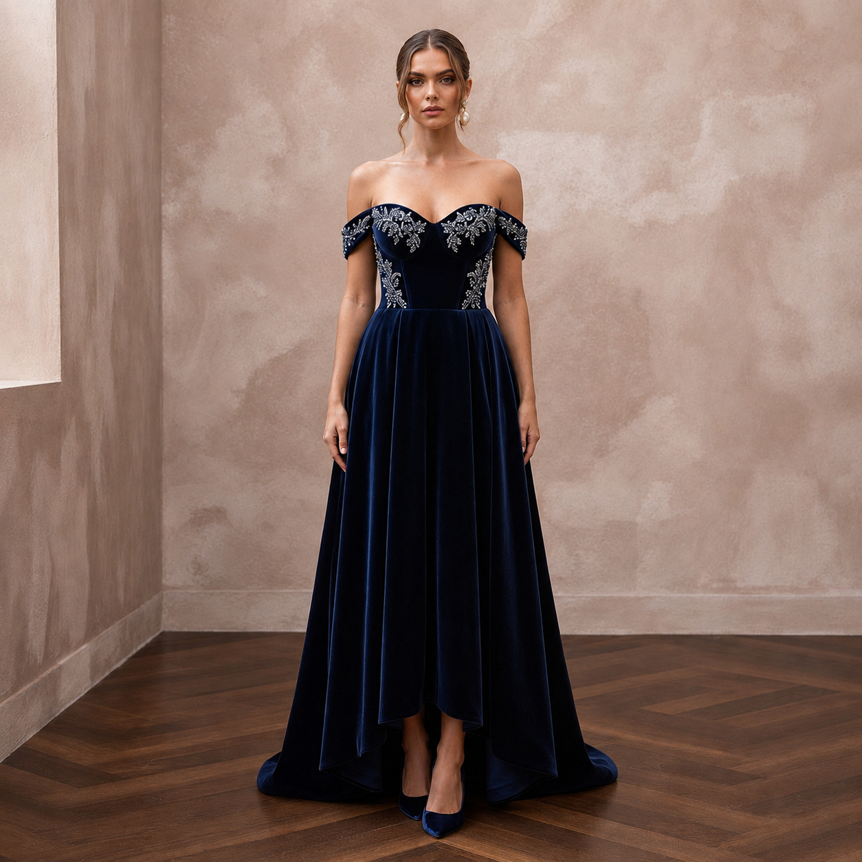 Midnight Blue Velvet A-Line Dress for Bridal Shower Evening Main image