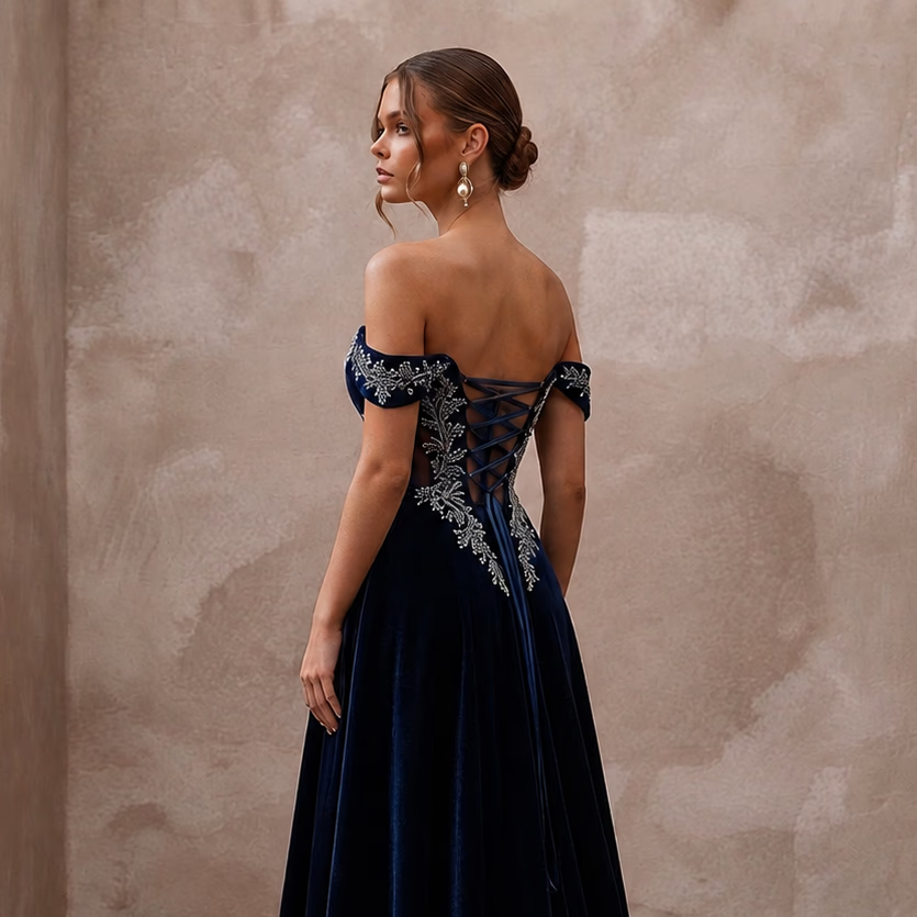 Midnight Blue Velvet A - Line Dress for Bridal Shower Evening - Apparel & Accessories > Clothing > Wedding & Bridal Party Dresses > Wedding Dresses - Mignonette Bridal