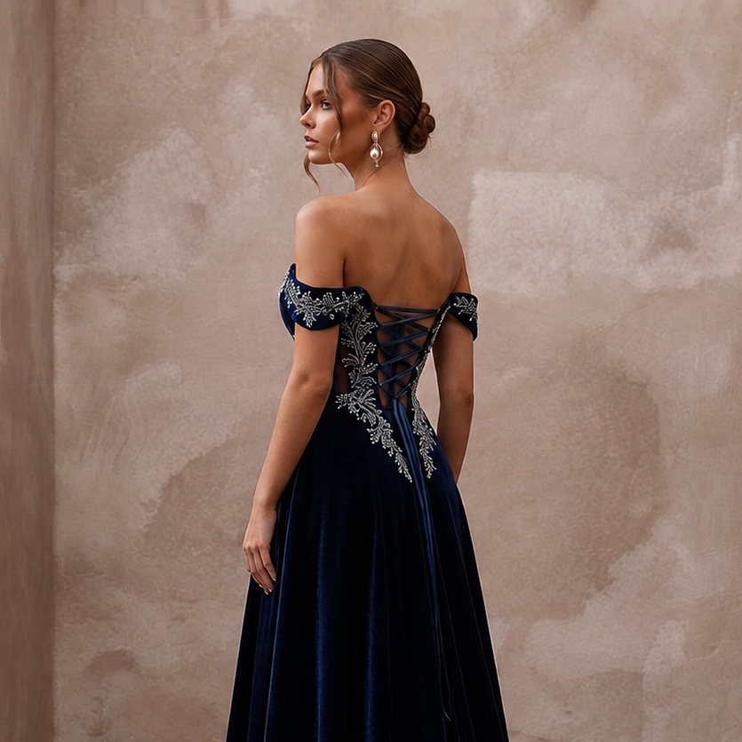 Midnight Blue Velvet A-Line Dress for Bridal Shower Evening
