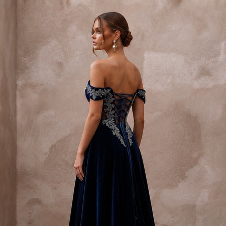 Midnight Blue Velvet A-Line Dress for Bridal Shower Evening