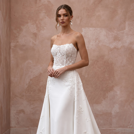 Minimalist Alabaster Matte Crepe Strapless Column Gown with Watteau Train