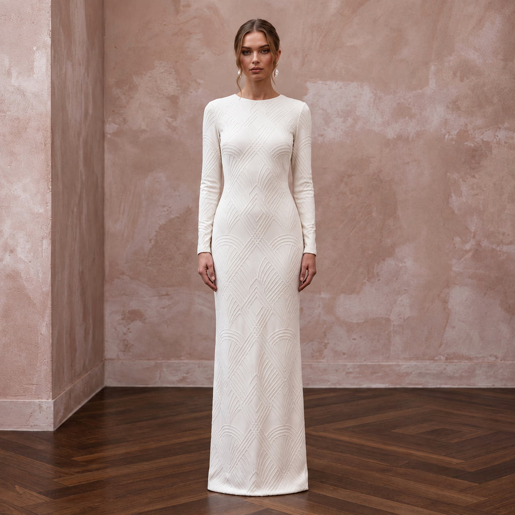 Minimalist Alabaster Matte Jersey Long Sleeve Sheath Dress