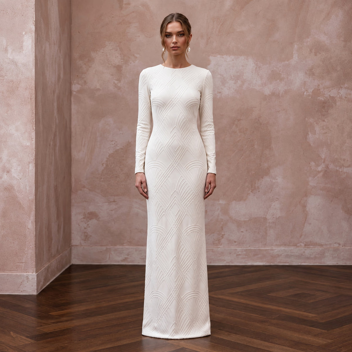 Minimalist Alabaster Matte Jersey Long Sleeve Sheath Dress