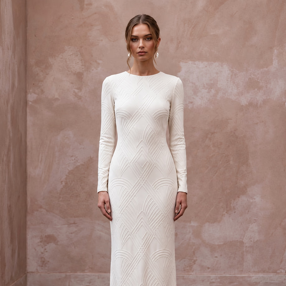 Minimalist Alabaster Matte Jersey Long Sleeve Sheath Dress