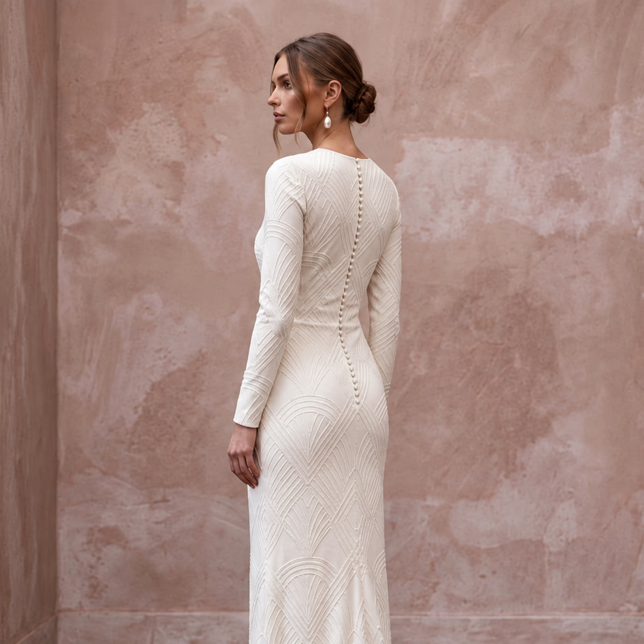 Minimalist Alabaster Matte Jersey Long Sleeve Sheath Dress