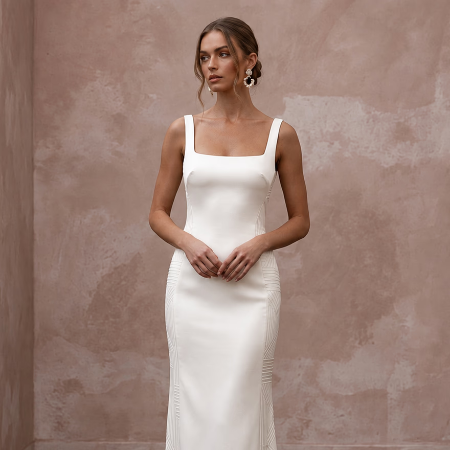 Minimalist Alabaster Satin Square Neck Column Gown for City Hall