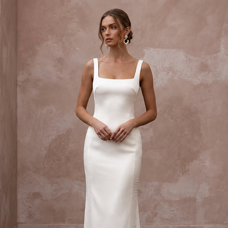 Minimalist Alabaster Satin Square Neck Column Gown for City Hall