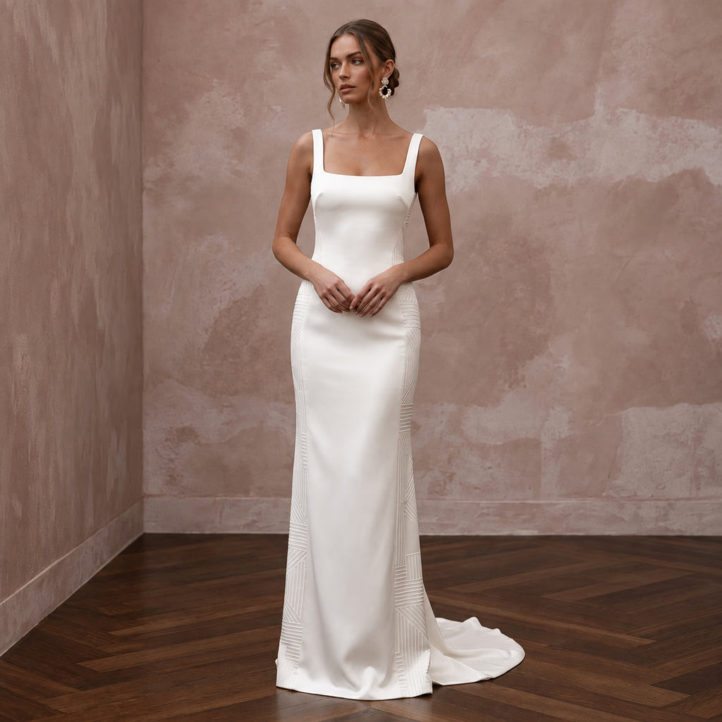 Minimalist Alabaster Satin Square Neck Column Gown for City Hall