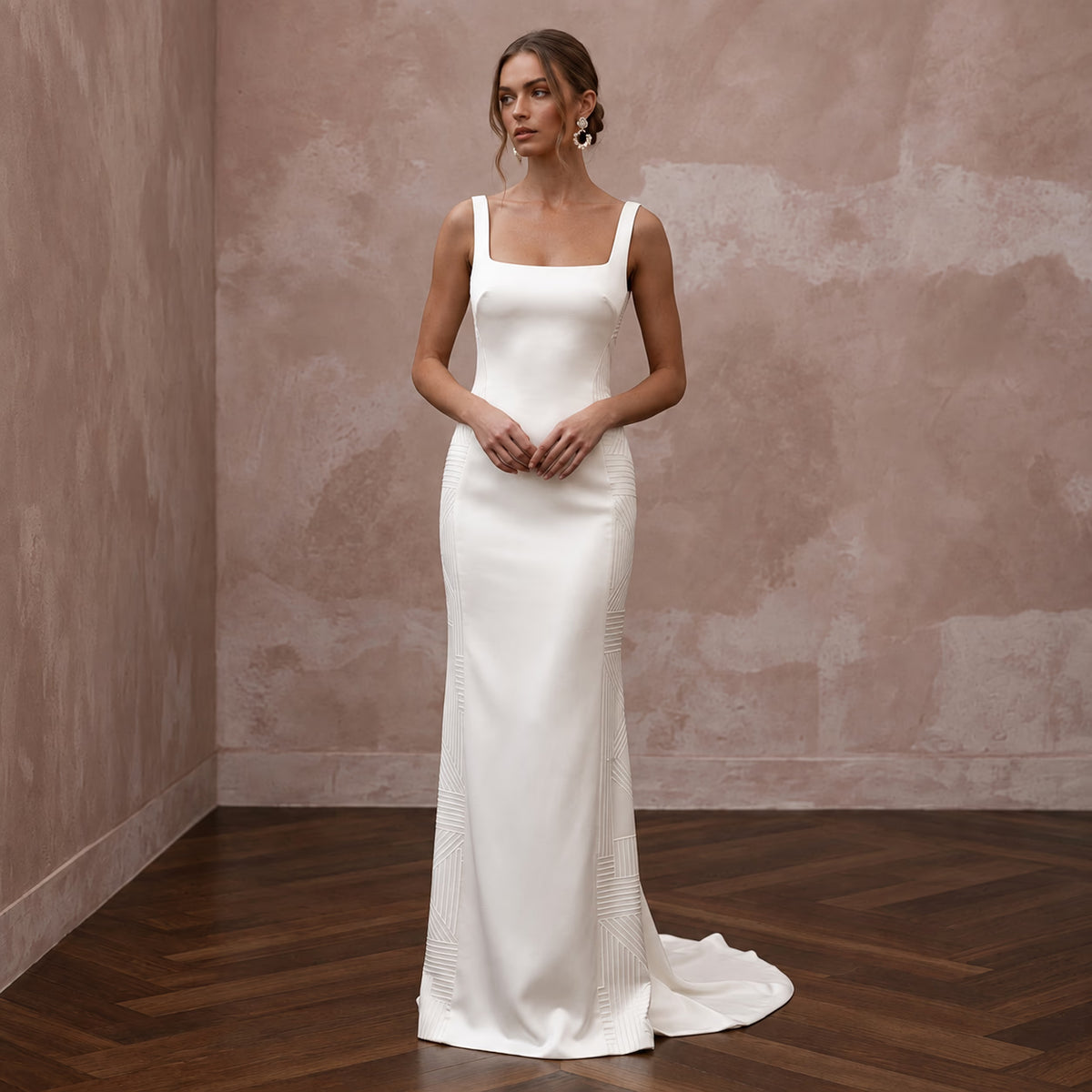 Minimalist Alabaster Satin Square Neck Column Gown for City Hall