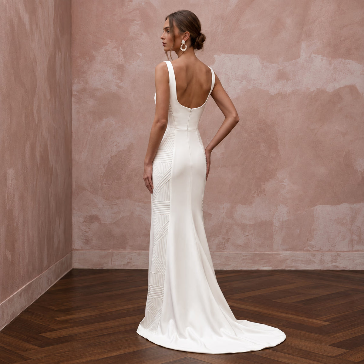 Minimalist Alabaster Satin Square Neck Column Gown for City Hall