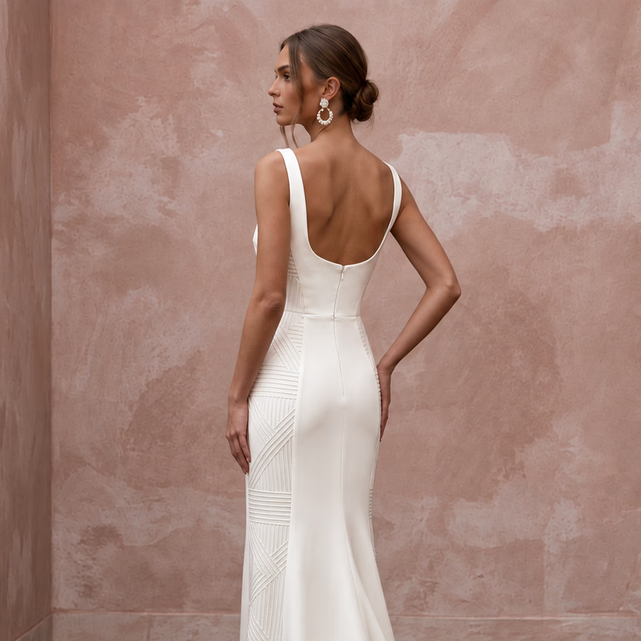 Minimalist Alabaster Satin Square Neck Column Gown for City Hall