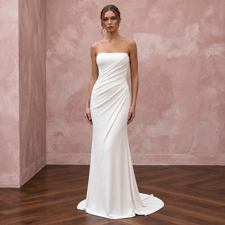 Minimalist Alabaster Stretch Jersey Bandeau Neckline Maxi Gown