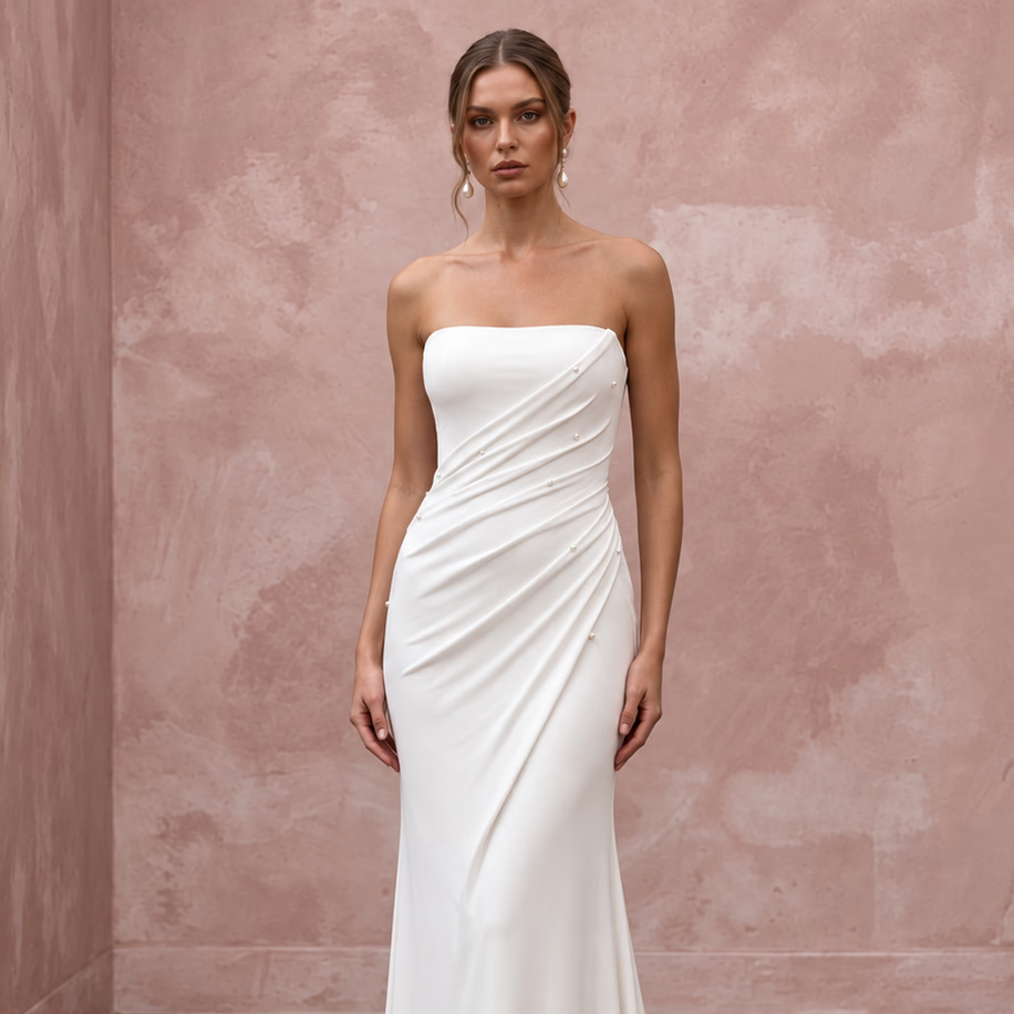 Minimalist Alabaster Stretch Jersey Bandeau Neckline Maxi Gown
