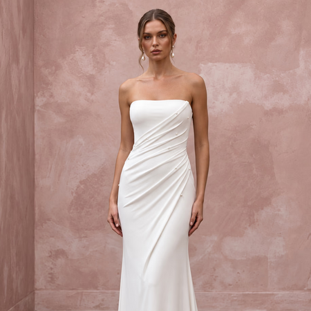 Minimalist Alabaster Stretch Jersey Bandeau Neckline Maxi Gown