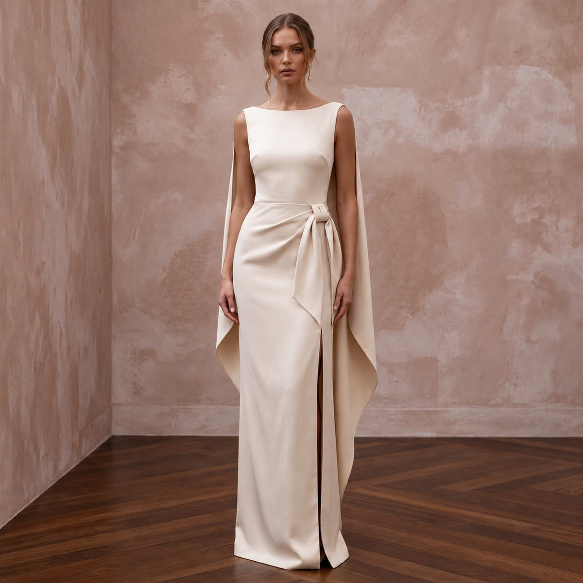 Minimalist Champagne Sandwashed Silk Column Bridal Gown for Rehearsal