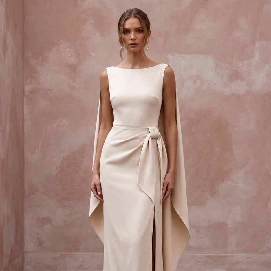 Minimalist Champagne Sandwashed Silk Column Bridal Gown for Rehearsal
