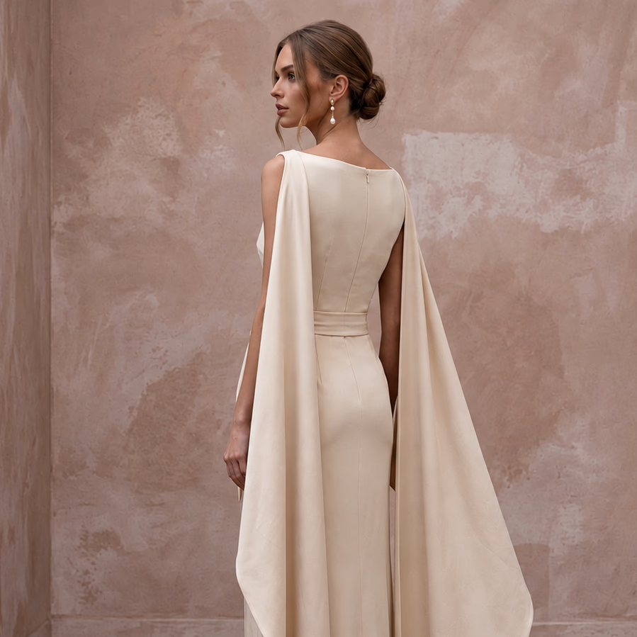 Minimalist Champagne Sandwashed Silk Column Bridal Gown for Rehearsal