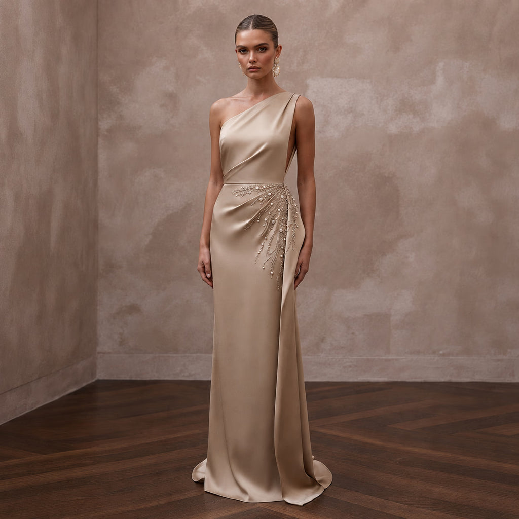 Minimalist Champagne Sandwashed Silk Column for Rehearsal - Apparel & Accessories > Clothing > Wedding & Bridal Party Dresses > Wedding Dresses - Mignonette Bridal