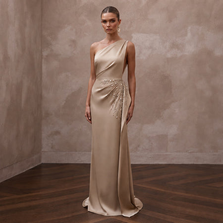 Minimalist Champagne Sandwashed Silk Column for Rehearsal - Apparel & Accessories > Clothing > Wedding & Bridal Party Dresses > Wedding Dresses - Mignonette Bridal