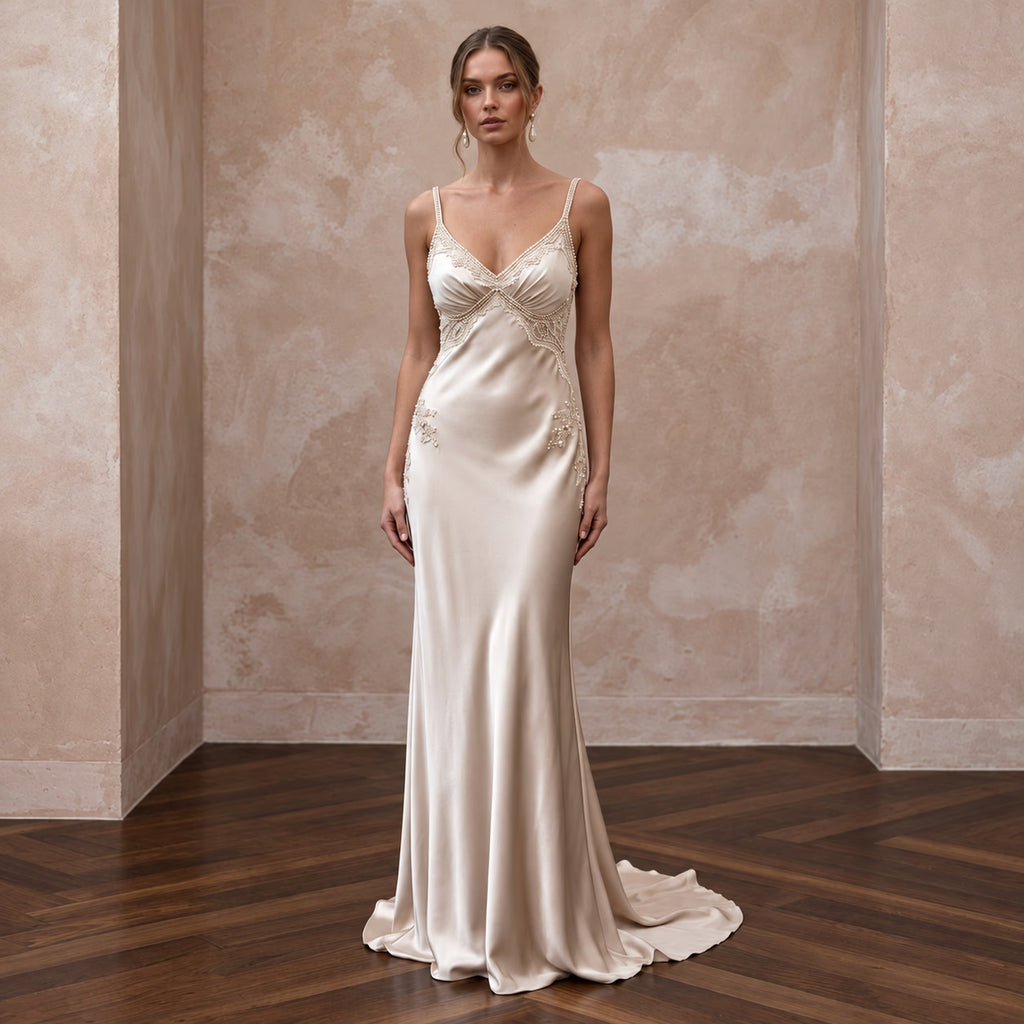 Minimalist Champagne Silk Charmeuse Bias Cut Slip Dress for Vow Renewal - Apparel & Accessories > Clothing > Wedding & Bridal Party Dresses > Wedding Dresses - Mignonette Bridal