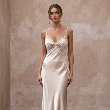 Minimalist Champagne Silk Charmeuse Bias Cut Slip Dress for Vow Renewal - Apparel & Accessories > Clothing > Wedding & Bridal Party Dresses > Wedding Dresses - Mignonette Bridal