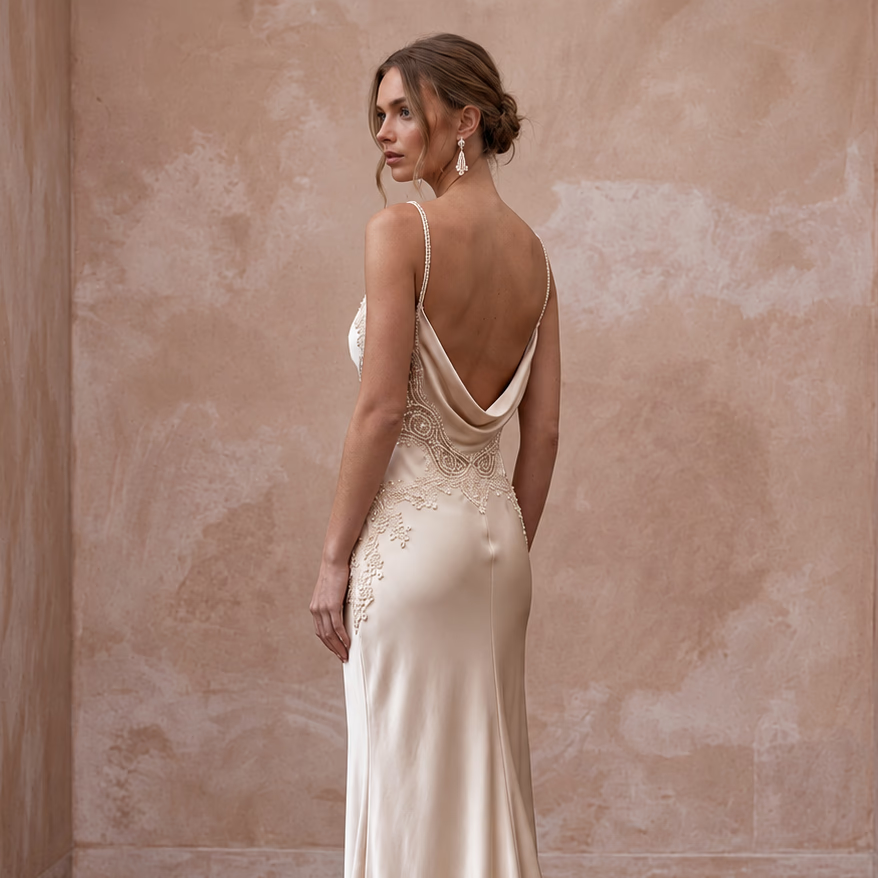 Minimalist Champagne Silk Charmeuse Bias Cut Slip Dress for Vow Renewal - Apparel & Accessories > Clothing > Wedding & Bridal Party Dresses > Wedding Dresses - Mignonette Bridal