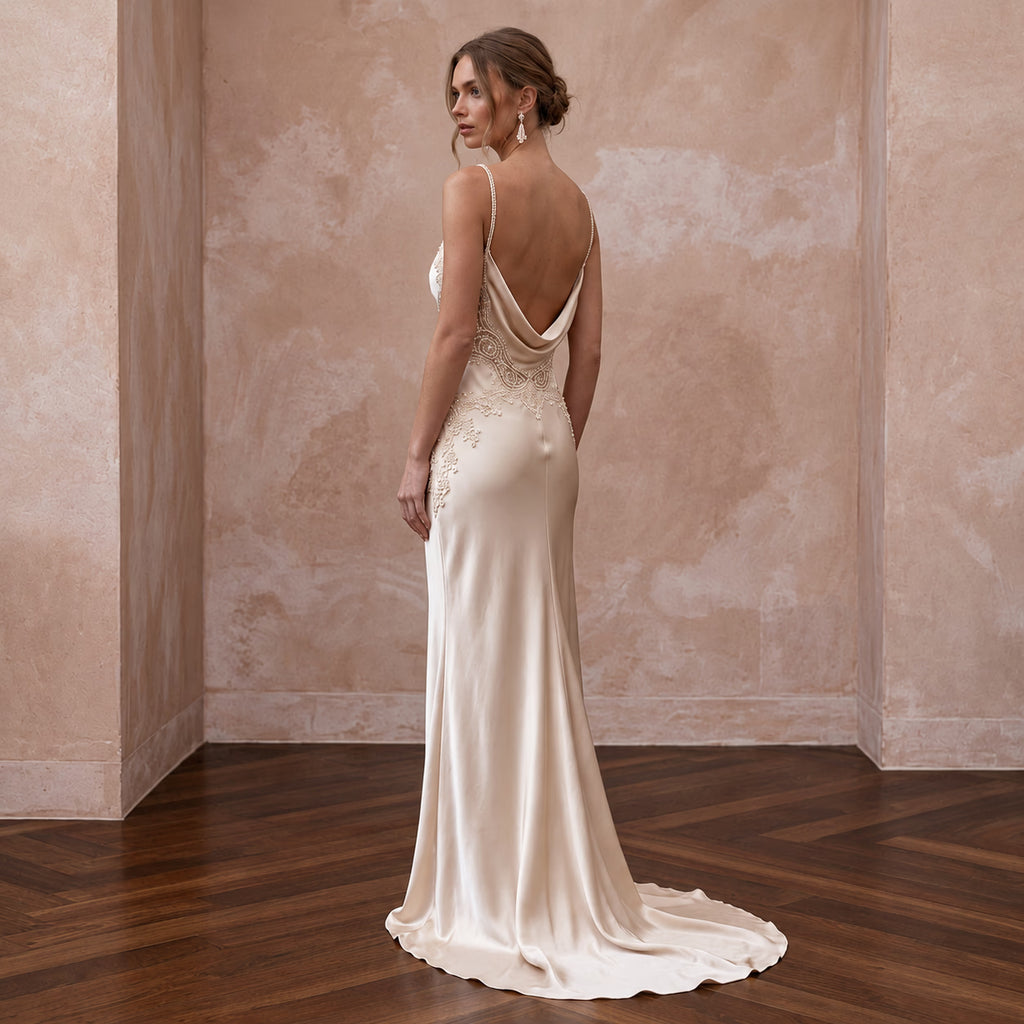 Minimalist Champagne Silk Charmeuse Bias Cut Slip Dress for Vow Renewal - Apparel & Accessories > Clothing > Wedding & Bridal Party Dresses > Wedding Dresses - Mignonette Bridal