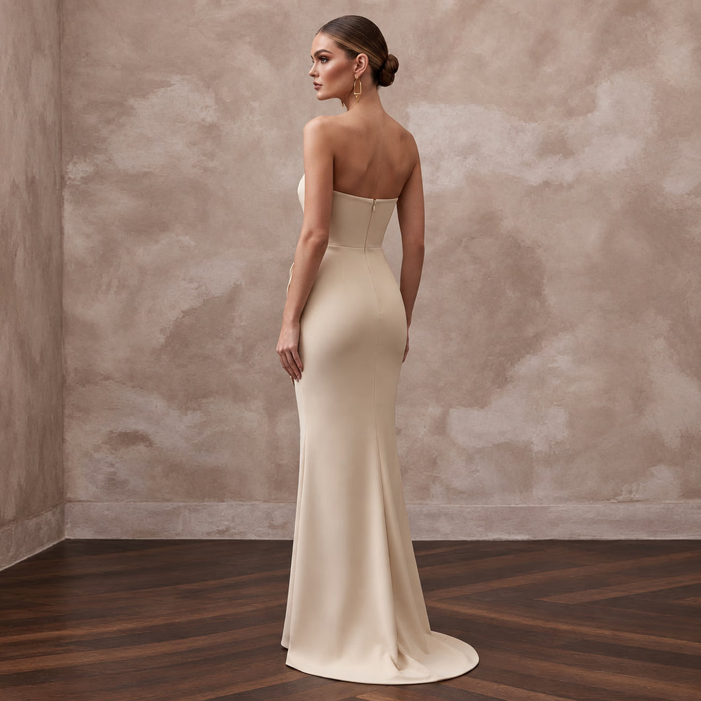 Minimalist Champagne Stretch Jersey Bandeau Neckline Column Dress