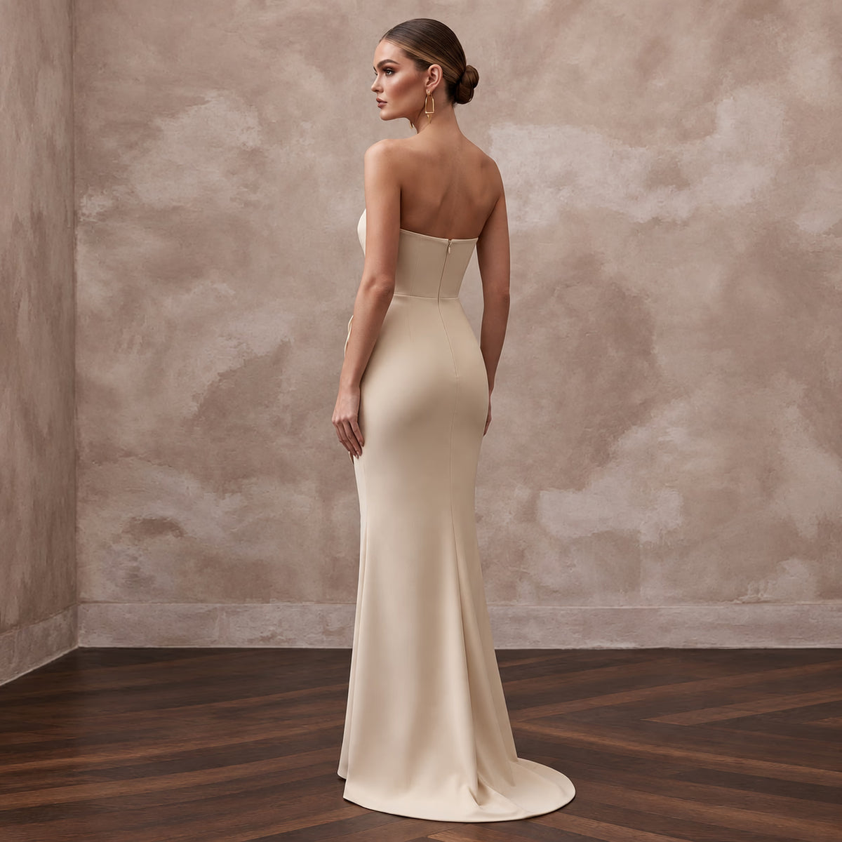 Minimalist Champagne Stretch Jersey Bandeau Neckline Column Dress