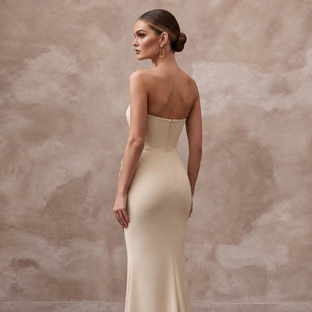 Minimalist Champagne Stretch Jersey Bandeau Neckline Column Dress
