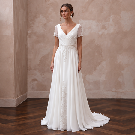 Minimalist Chiffon Wedding Dress with Short Sleeves