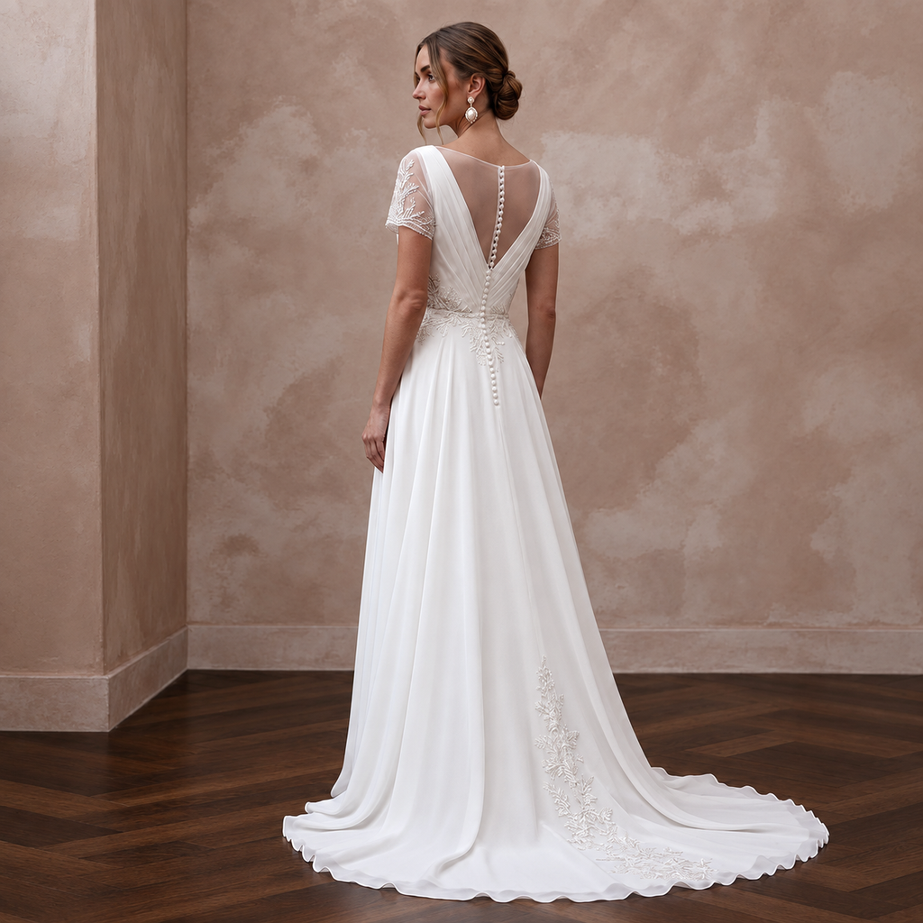 Minimalist Chiffon Wedding Dress with Short Sleeves