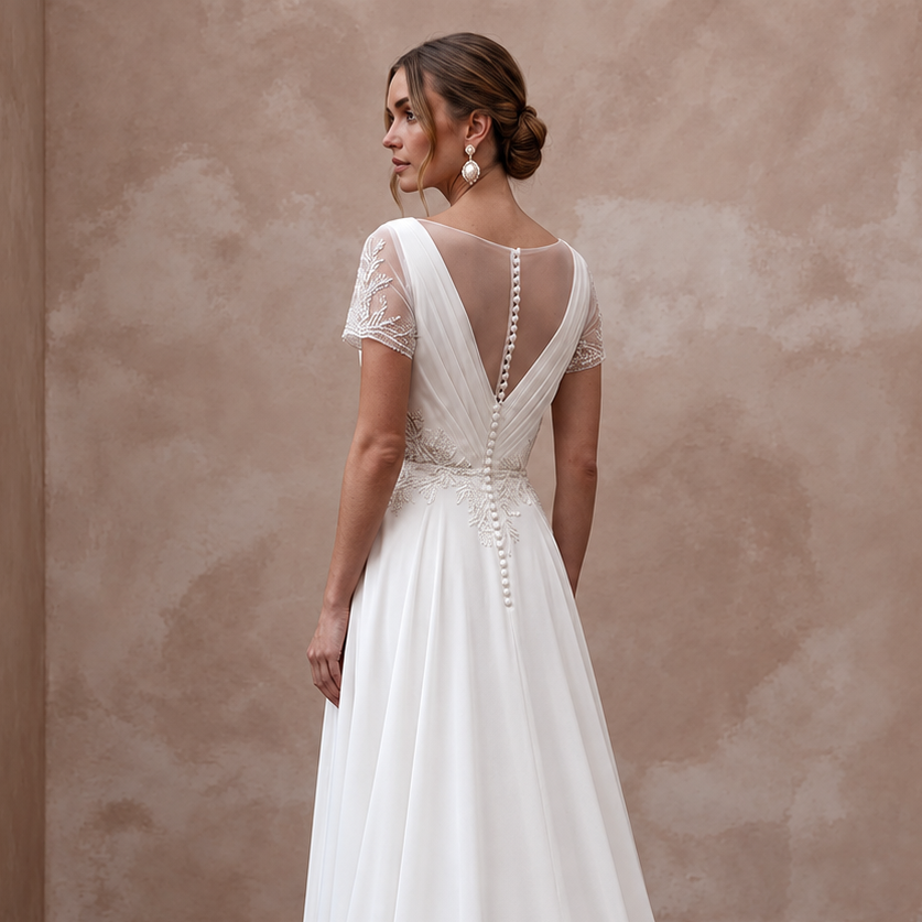 Minimalist Chiffon Wedding Dress with Short Sleeves