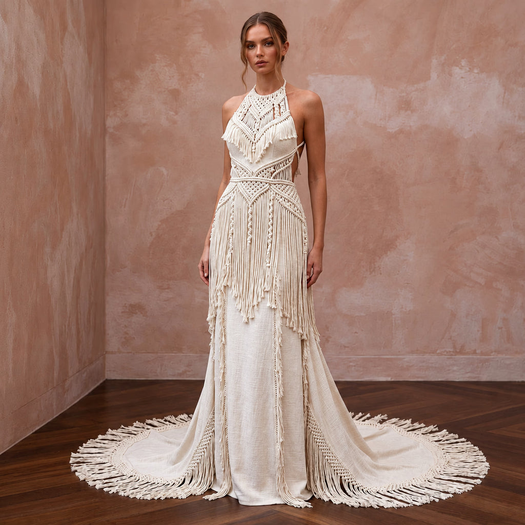 Minimalist Cream Cotton Macrame Fringe Halter Desert Bridal Dress