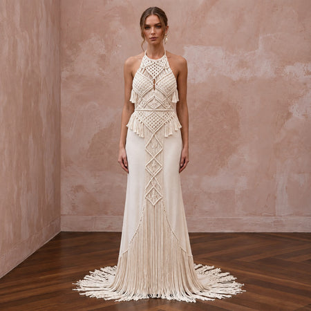 Minimalist Cream Cotton Macrame Fringe Halter Desert Bridal Dress