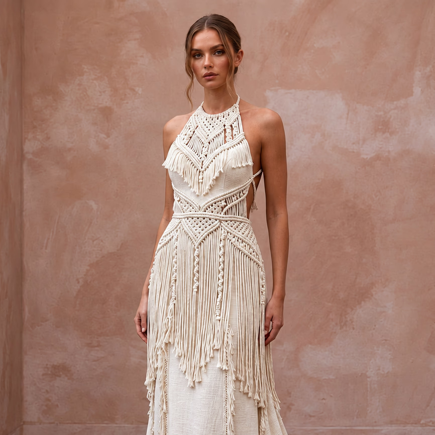 Minimalist Cream Cotton Macrame Fringe Halter Desert Bridal Dress