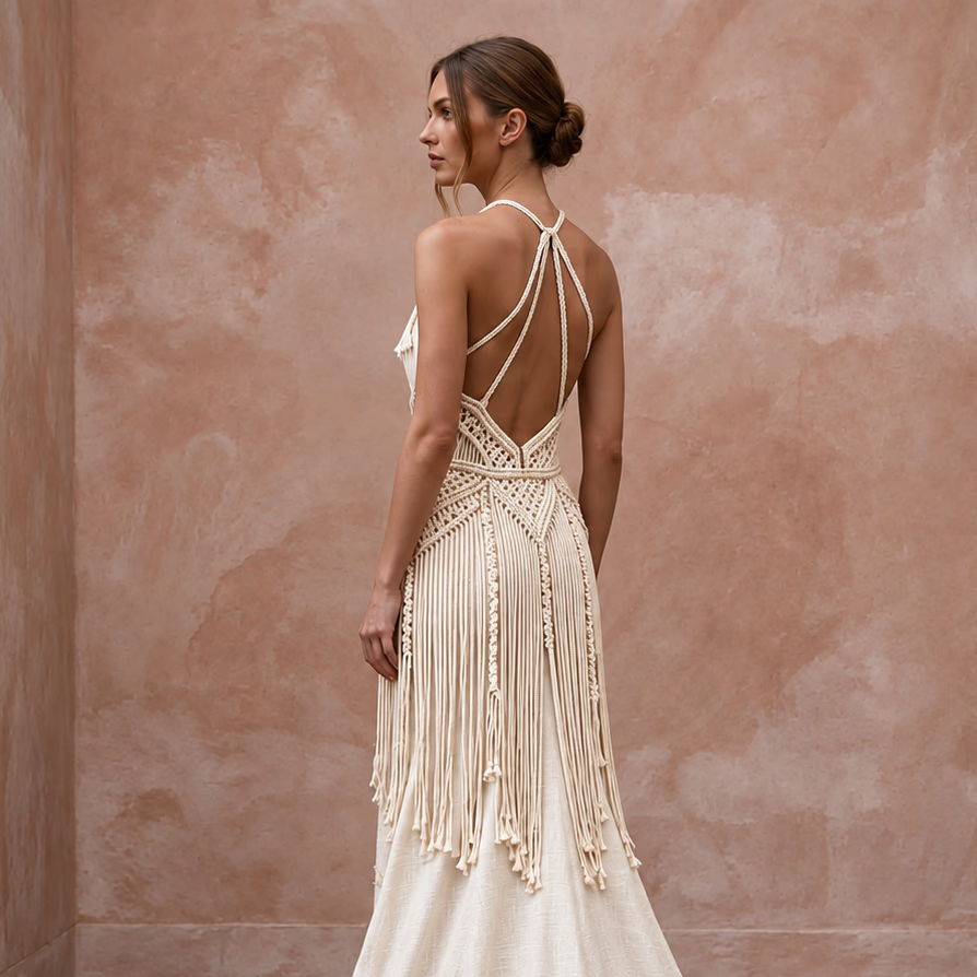 Minimalist Cream Cotton Macrame Fringe Halter Desert Bridal Dress