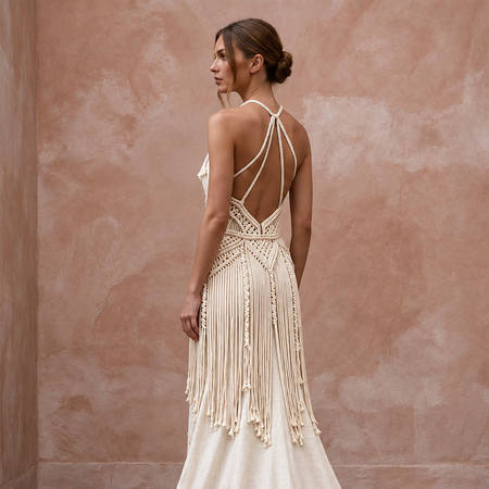 Minimalist Cream Cotton Macrame Fringe Halter Desert Bridal Dress