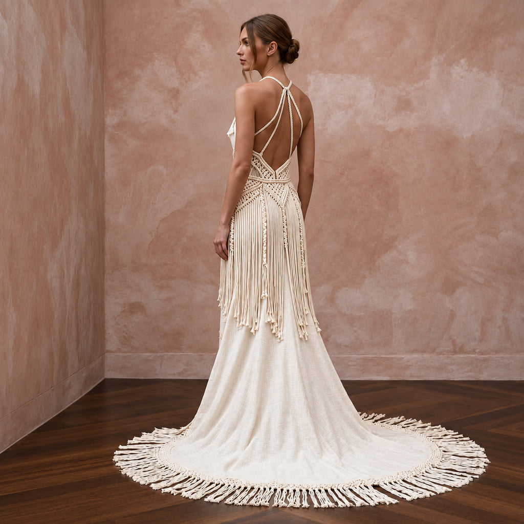 Minimalist Cream Cotton Macrame Fringe Halter Desert Bridal Dress
