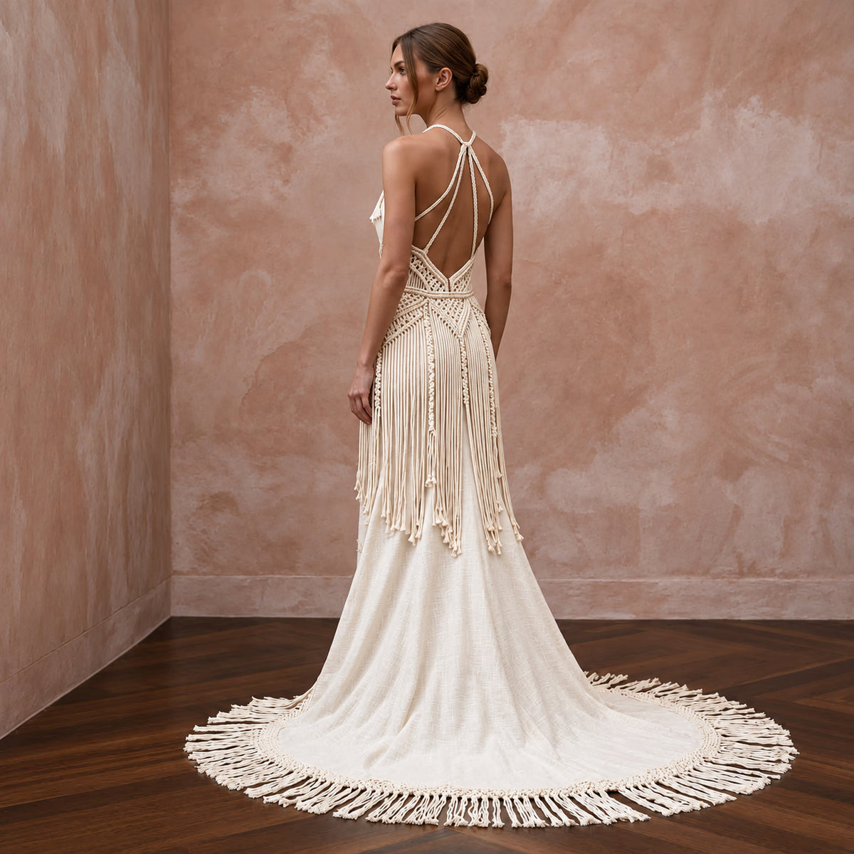 Minimalist Cream Cotton Macrame Fringe Halter Desert Bridal Dress