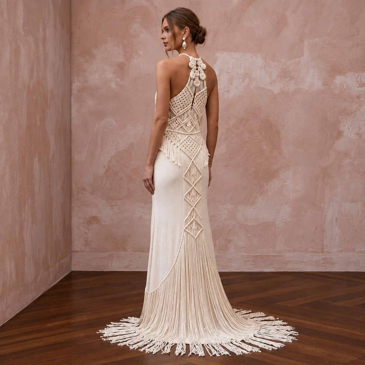 Minimalist Cream Cotton Macrame Fringe Halter Desert Bridal Dress
