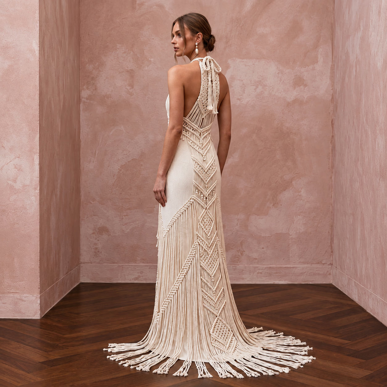 Minimalist Cream Cotton Macrame Fringe Halter Desert Bridal Dress Secondary image