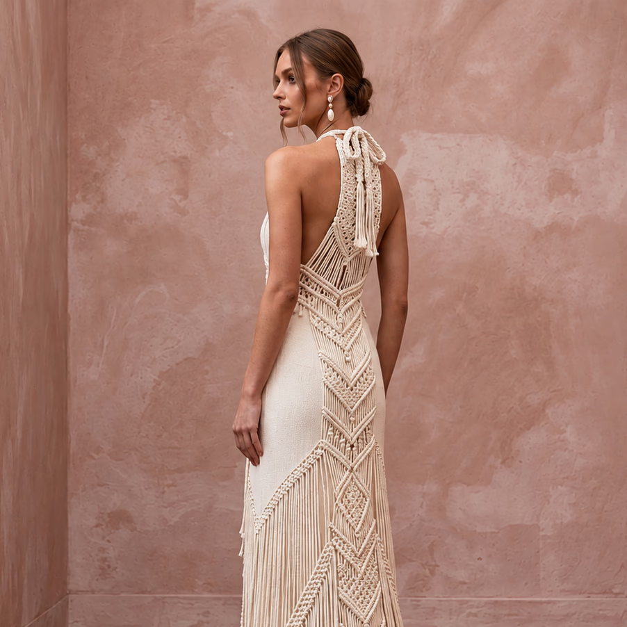 Minimalist cream cotton macrame fringe halter dress, perfect for a desert bridal look. Elegant and stylish design.