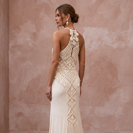 Minimalist Cream Cotton Macrame Fringe Halter Desert Bridal Dress