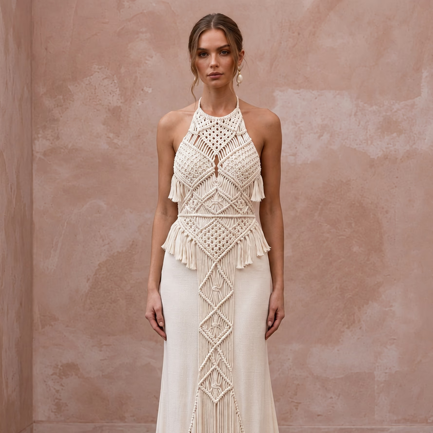 Minimalist Cream Cotton Macrame Fringe Halter Desert Bridal Dress