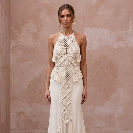 Minimalist Cream Cotton Macrame Fringe Halter Desert Bridal Dress