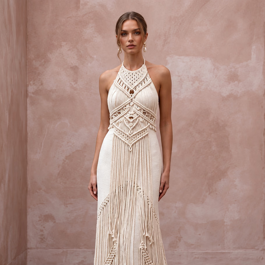 Minimalist cream cotton macrame fringe halter dress, perfect for a desert bridal look. Stylish and unique design.