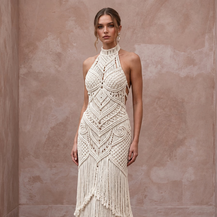 Minimalist Cream Cotton Macrame Fringe Halter Neck Desert Wedding Dress - Apparel & Accessories > Clothing > Wedding & Bridal Party Dresses > Wedding Dresses - Mignonette Bridal